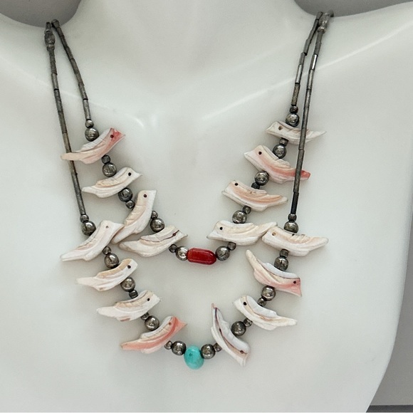 Vintage Jewelry - Vintage Southwestern Two Strand Fetish Turquoise Coral Sterling Silver Necklace
